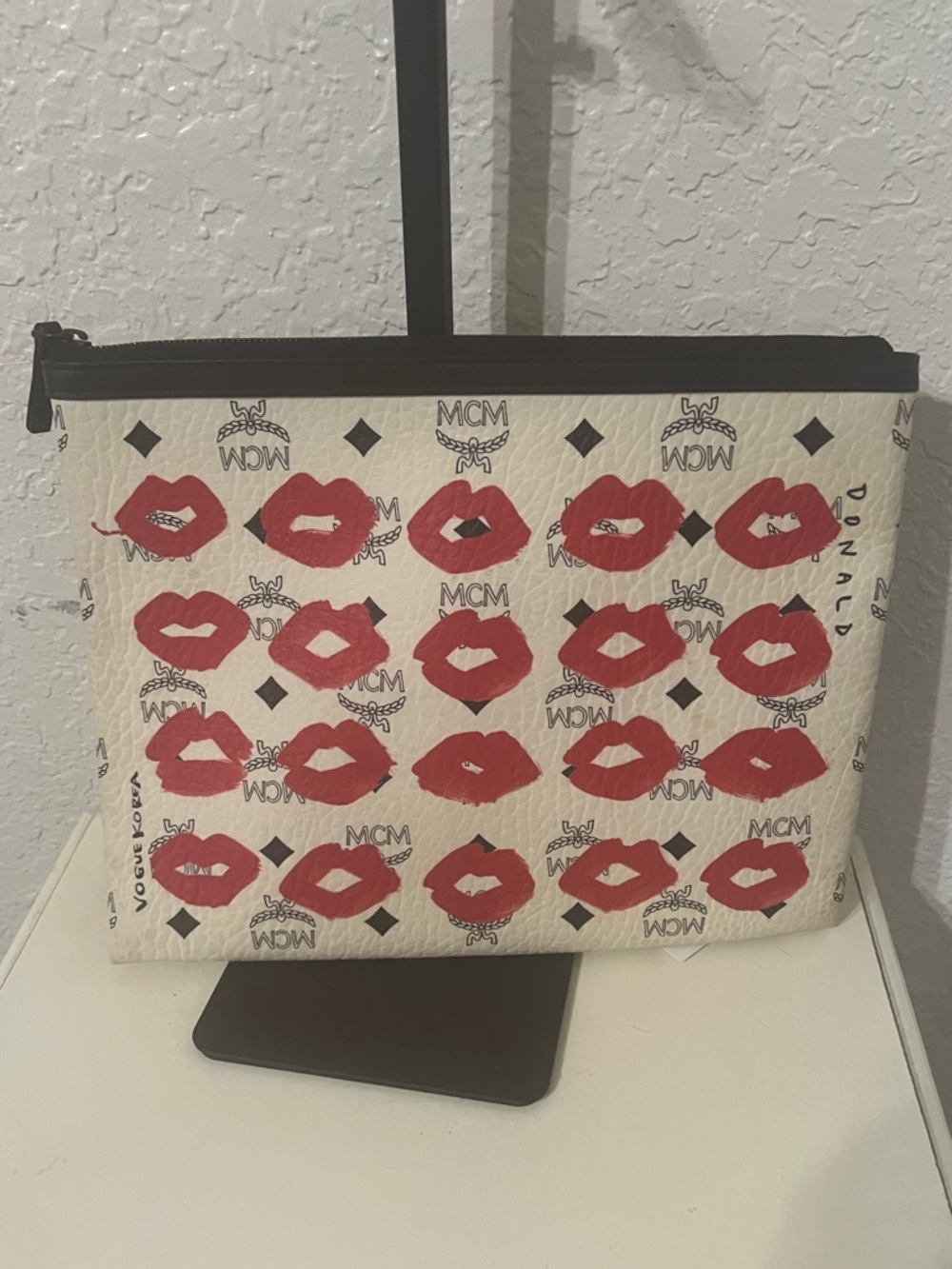 MCM Beige Clutch/Pouch with Red Lip Print